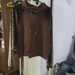 Brown hoodie with velour animal print sleeves
